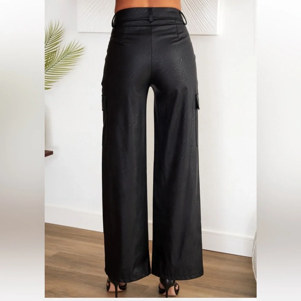 NEW CLASSY WIDE LEG FAUX LEATHER CARGO PANT BLACK - Picture 6 of 7